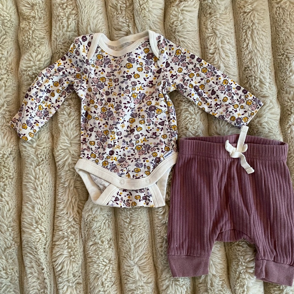 Floral Long Sleeve Onesie and Mauve Pants Set